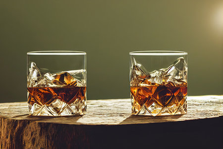 Beautiful corrugated whiskey glass with pieces of ice and whiskey on wooden boardの素材