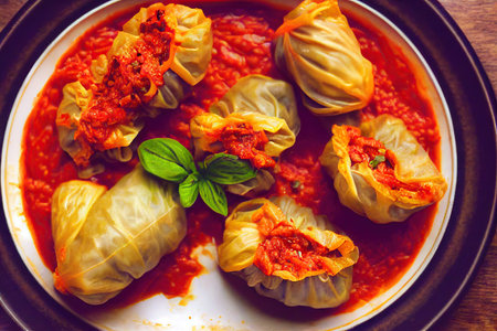 Dish with delicious stuffed cabbage rolls with carrots and herbsの素材