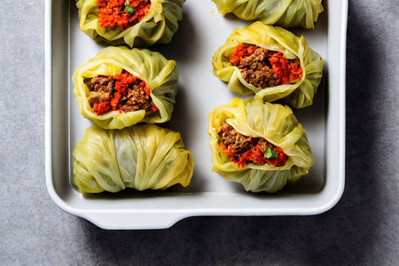 Homemade stuffed cabbage rolls with juicy minced meat and herbsの素材