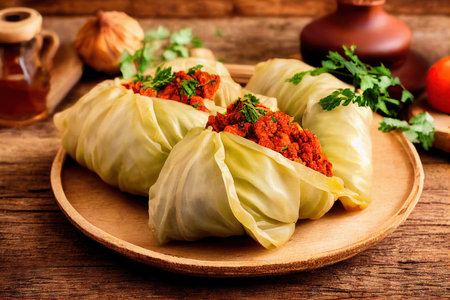 Appetizing stuffed cabbage rolls with tomato sauce and juicy meat fillingの素材