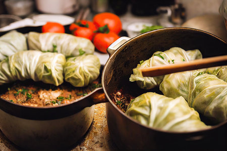 Traditional homemade stuffed cabbage rolls with carrot and tomato sauceの素材