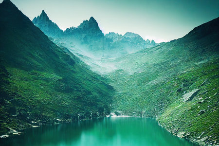 Picturesque bright green hills covered with plants around mountain lakeの素材