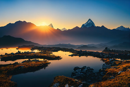 Beautiful evening sunset on calm reflecting mountain lakeの素材