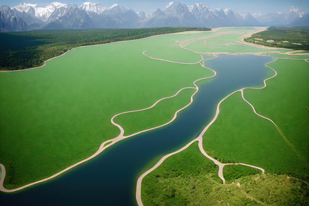 Spacious green valley with flowing mountain river with winding banksの素材