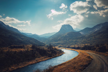 Blue calm mountain river skirting mountain slopesの素材