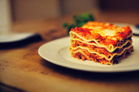 Dish of Italian cuisine lasagna on plate in restaurant on blurred backgroundの素材