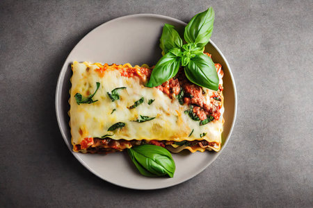 Vegetarian Italian lasagna with vegetables and basil on tableの素材