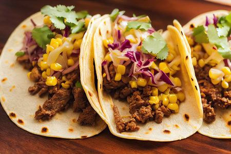 Tacos mexican in golden flatbread with corn kernels and meatの素材