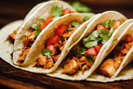 Tacos mexican snack with finely chopped tomatoes, meat and herbsの素材