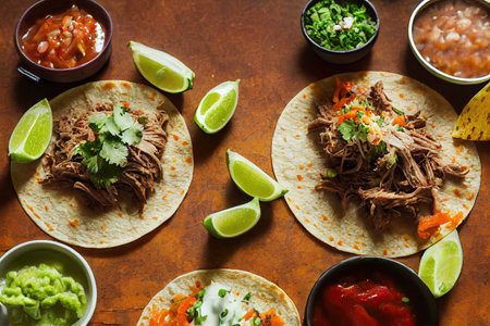 Set of ingredients and savory sauces for authentic tacos mexicanの素材