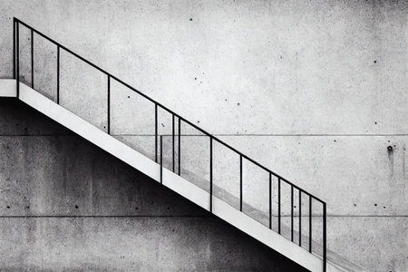 Inclined stairs with concrete railings located outside houseの素材