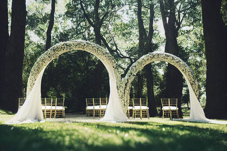 Luxurious wedding arch with white flowers beauty and loveの素材