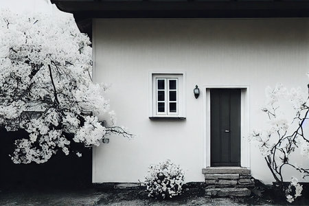 Narrow dark grey front door of house in large white buildingの素材