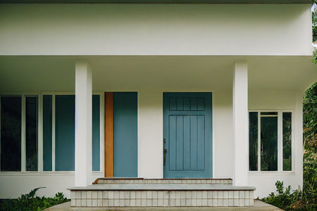 Porch with step and grey blue front door of houseの素材
