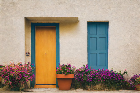 Yellow and blue narrow front door of house and decorations in form of flowersの素材