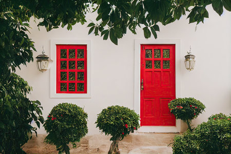 Narrow red front door of house in backyard of small houseの素材
