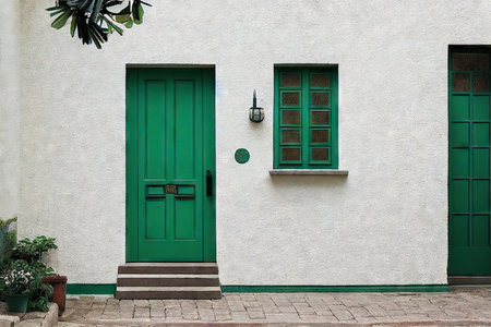 Closed turquoise front door of house against background of white painted wallの素材