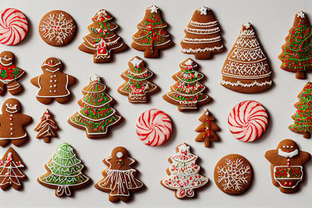Appetizing gingerbread cookies in form of Christmas trees with white glazeの素材