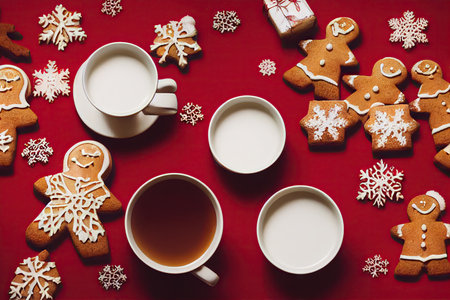 Festive winter dessert of milk and delicious gingerbread cookiesの素材