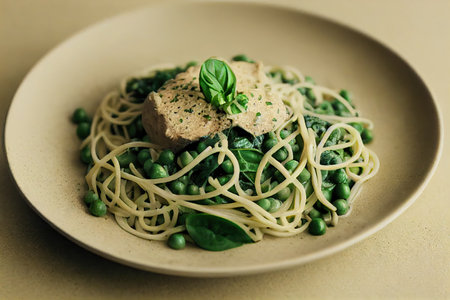 Homemade green pasta with basil peas and chicken on plate Italian dietの素材