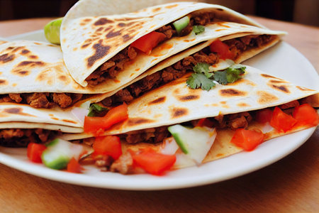 Mexican quesadillas with minced tomatoes and greens on tableの素材