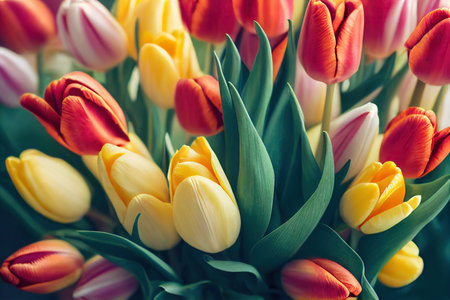 Rich lush tulips bouquet with colorful flowers for birthdayの素材