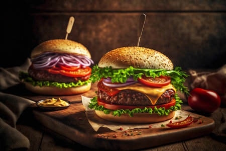 Craft beef Burger set with cheese salad and grilled vegetablesの素材