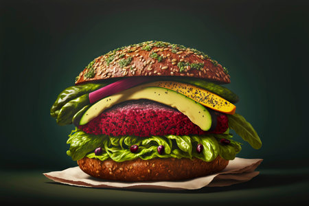 Vegetarian burger with avocado pieces and fresh herbs for healthy dietの素材