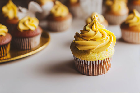 Small appetizing cupcakes with yellow cream in openwork moldsの素材