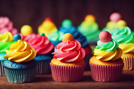 Bright multi-colored cupcakes with appetizing decorations on sweet cream on topの素材