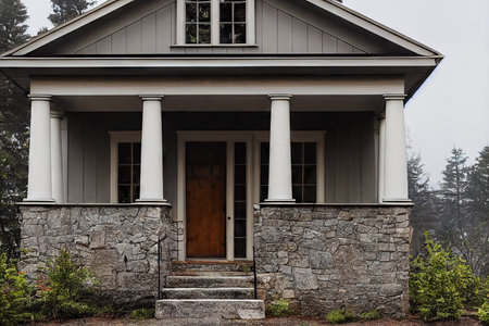 Small wooden house in American style house exterior with steps and veranda at entranceの素材
