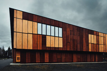 Modern building in American style house exterior with wood trim of different textures and colorsの素材