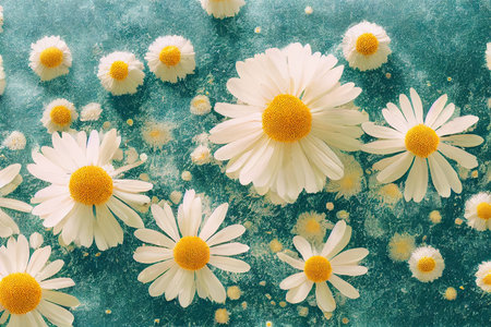 Delicate chamomile flowers with snow-white petals on light blue backgroundの素材