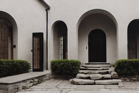 Beautiful white mansion with arched elements in architecture in classic style house exteriorの素材