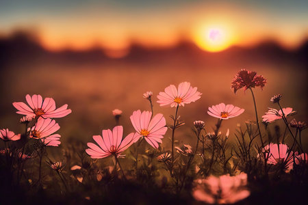 Cosmos flowers in blooming glade against background of last rays of setting sunの素材