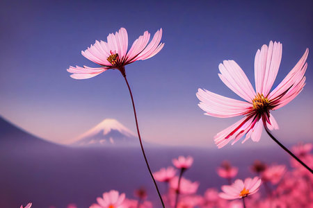 Landscape with delicate pink cosmos flowers on thin stems against clear skyの素材