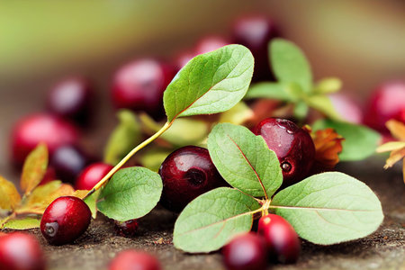 Ripe shiny cranberry on small twig with fresh green leavesの素材