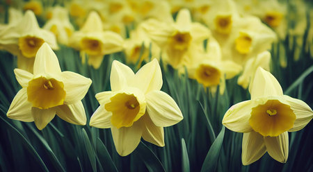 Dense clearing of flowering daffodil flower with bright yellow petals on green stemsの素材