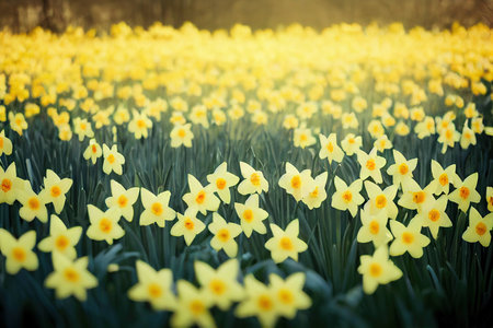 Small sunny daffodil flower blooming against background green fieldの素材