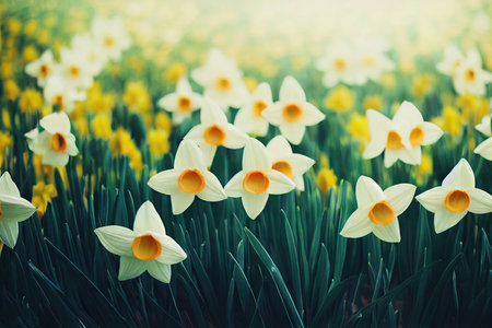 Spring daffodil flower blooming in nature in large green clearingの素材