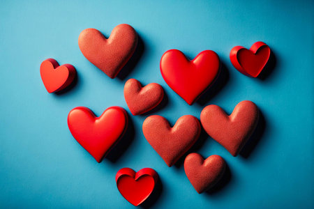 Romantic surprise red hearts on blue Valentine Day backgroundの素材