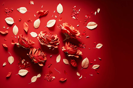 Romantic date petals and rosebuds on red background Valentine dayの素材