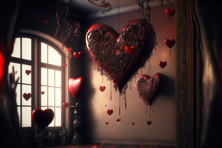 Gothic decorations dark burgundy levitating hearts in gloomy house Valentine dayの素材
