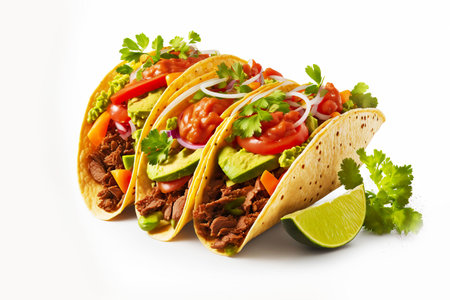 Tacos with beef, herbs, tomatoes and lime isolated on white backgroundの素材