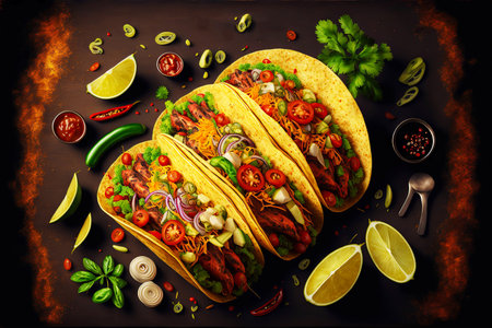 Spicy delicious tacos with chili and meat on table Mexican foodの素材