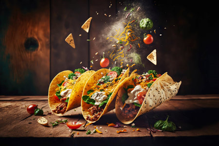 Mexican tacos with nachos flying in air on dark background on wooden tableの素材