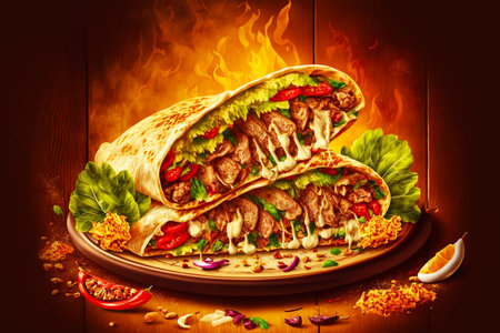Traditional shawarma with meat and vegetables in flatbread on fire on black backgroundの素材