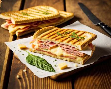 Fresh grilled hot sandwich with ham and processed cheese on wooden tableの素材