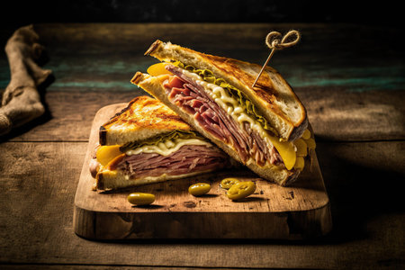 Meat fast food spicy sandwich with beef cheese olives on wooden boardの素材