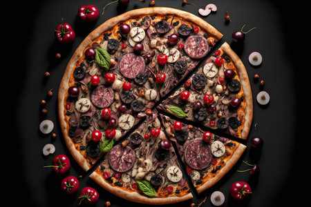 Original pizza decorated with fresh red berries on cheese filling on black backgroundの素材